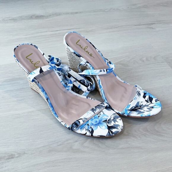 NEW Lulu’s Gulee Blue Floral Lace Up Espadrille Wedge Sandal Size 11 - Picture 2 of 14